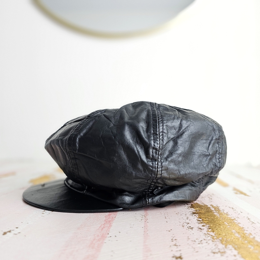 Black Leather Newsboy Cap - Picture 6 of 17